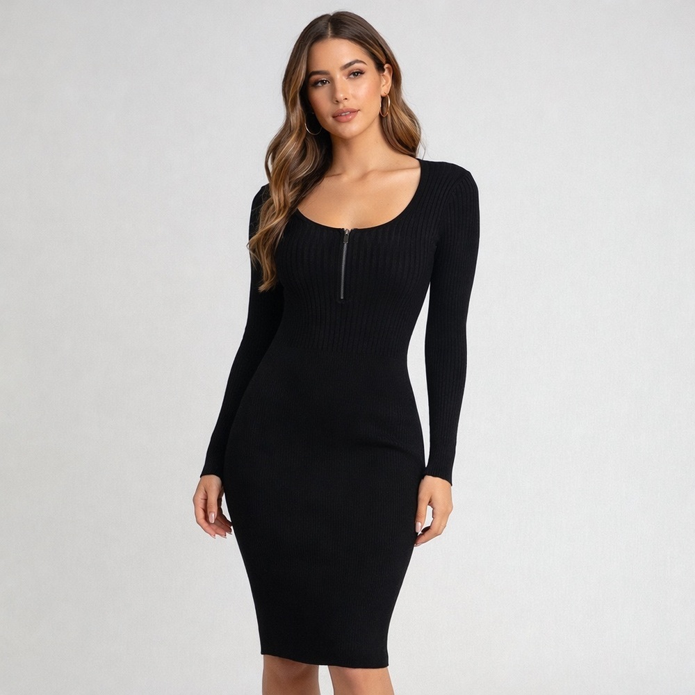 Cache Dark Navy Blue Ribbed Knit Zip Front Bodycon Midi Dress Small